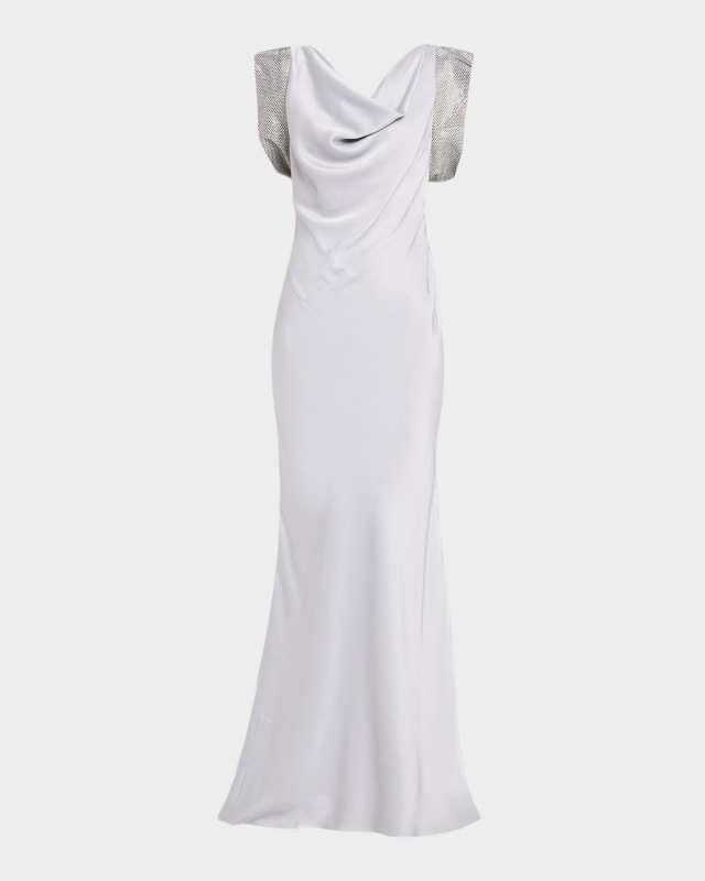 Strass Cap-Sleeve Twisted Satin Gown